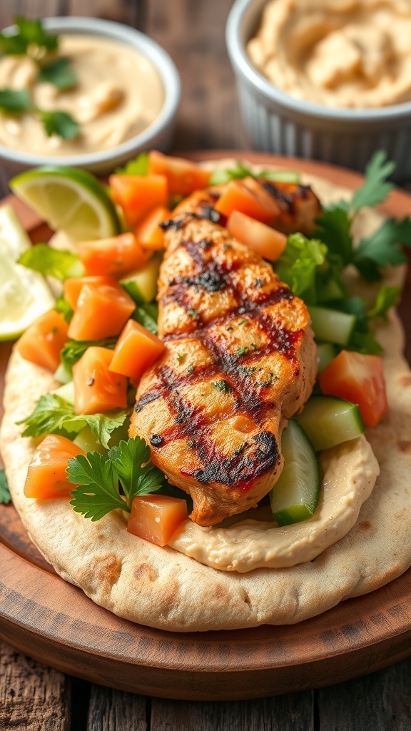 Grilled Chicken Pita with Hummus Grilled chicken pita filled with hummus, lettuce, tomatoes, and cucumbers on a wooden table.